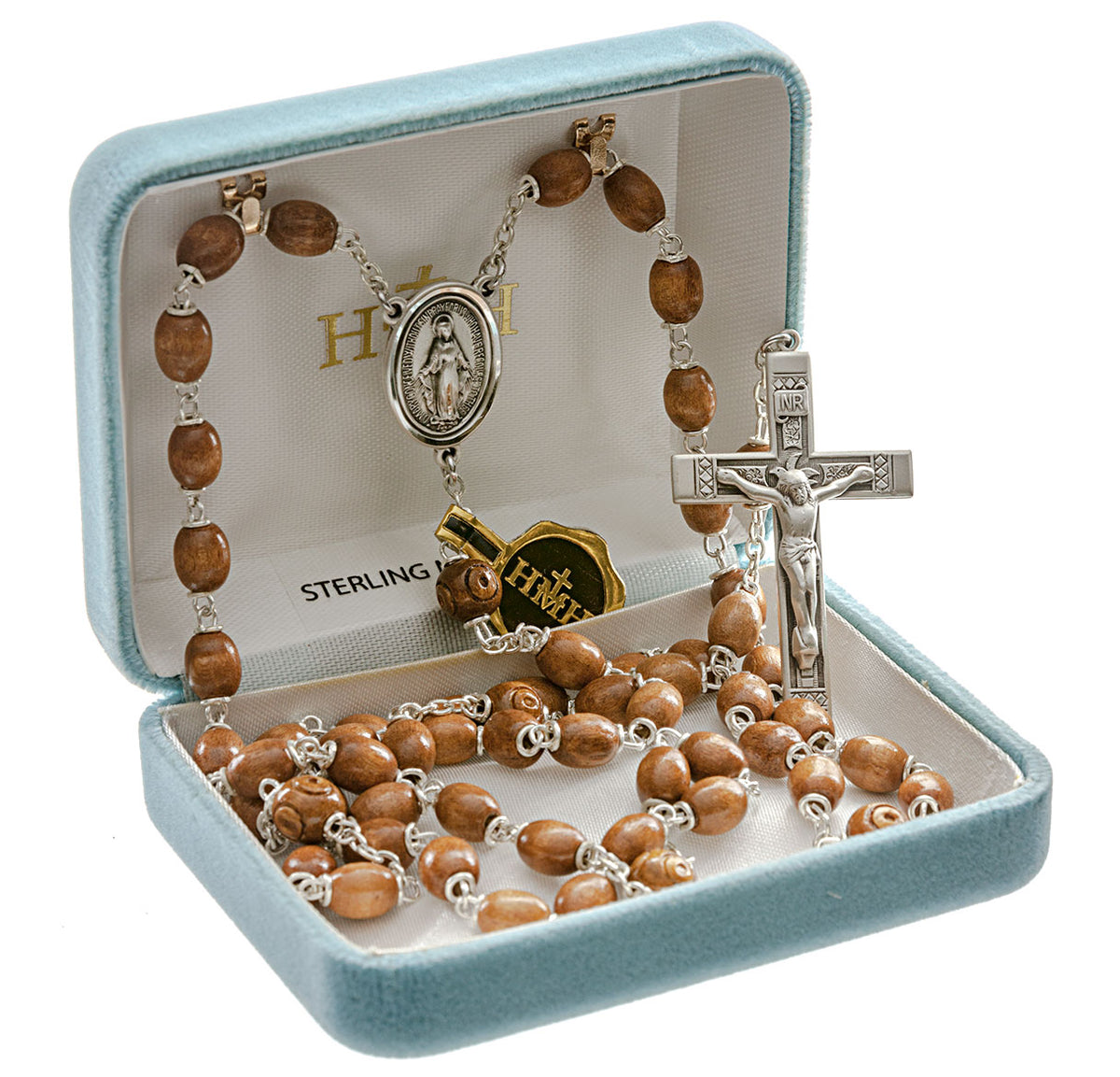 Brown Oval Boxwood Rosary, Sterling Silver Crucifix and Center