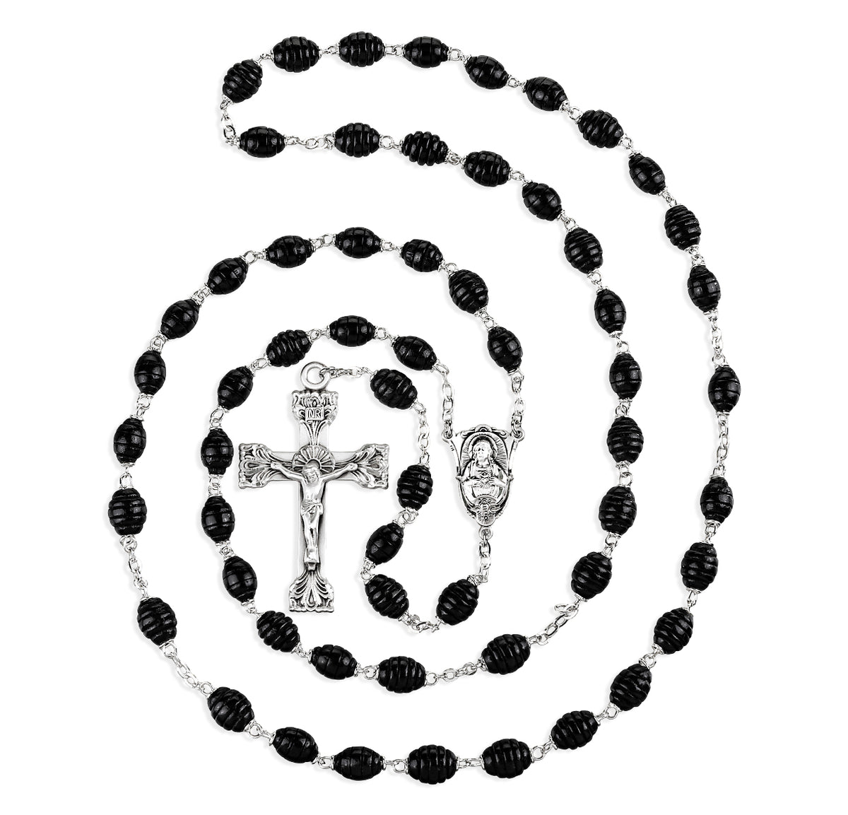 7x9mm Black Carved Beehive Boxwood Rosary, Sterling Silver Crucifix and Center