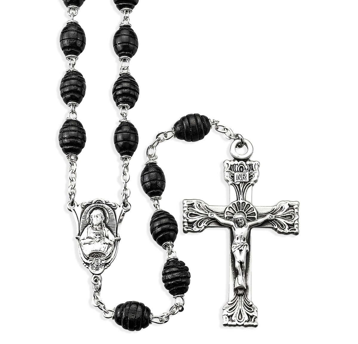 7x9mm Black Carved Beehive Boxwood Rosary, Sterling Silver Crucifix and Center