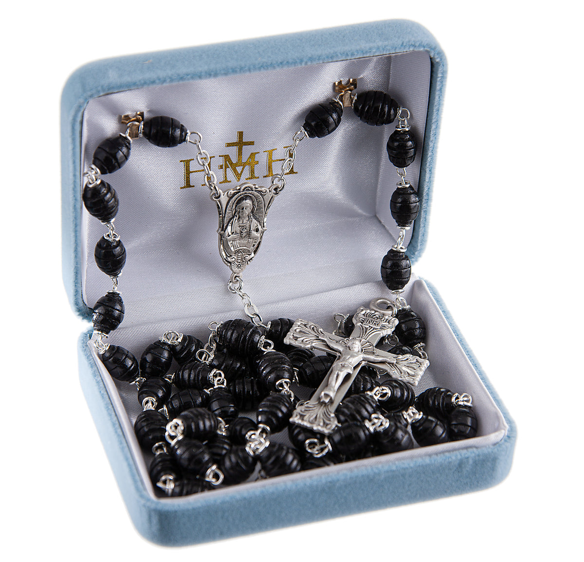 7x9mm Black Carved Beehive Boxwood Rosary, Sterling Silver Crucifix and Center