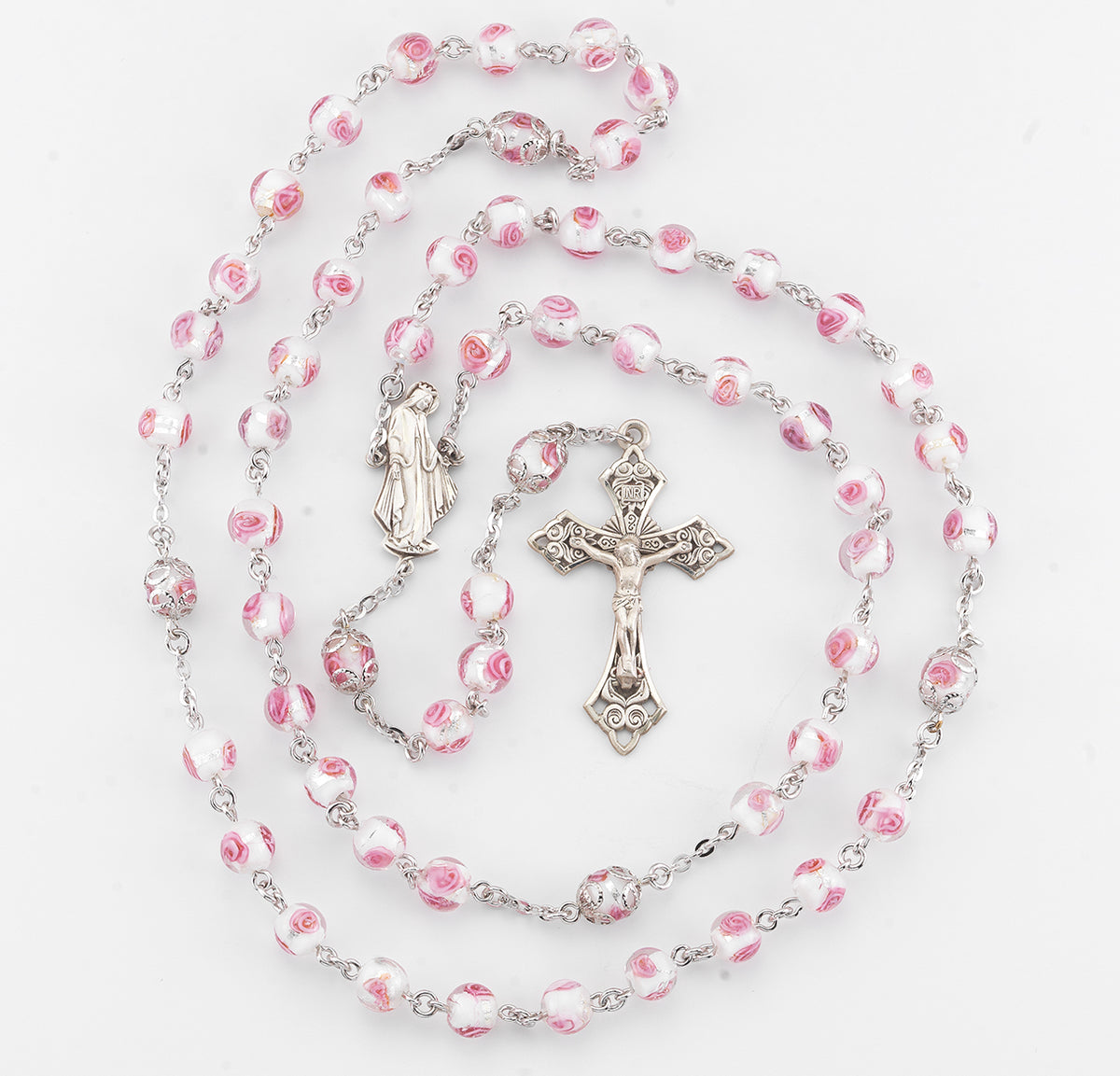 8mm Pink Rose Embedded Glass Bead Rosary with Double Capped Our Father Beads, Sterling Silver Crucifix and Center