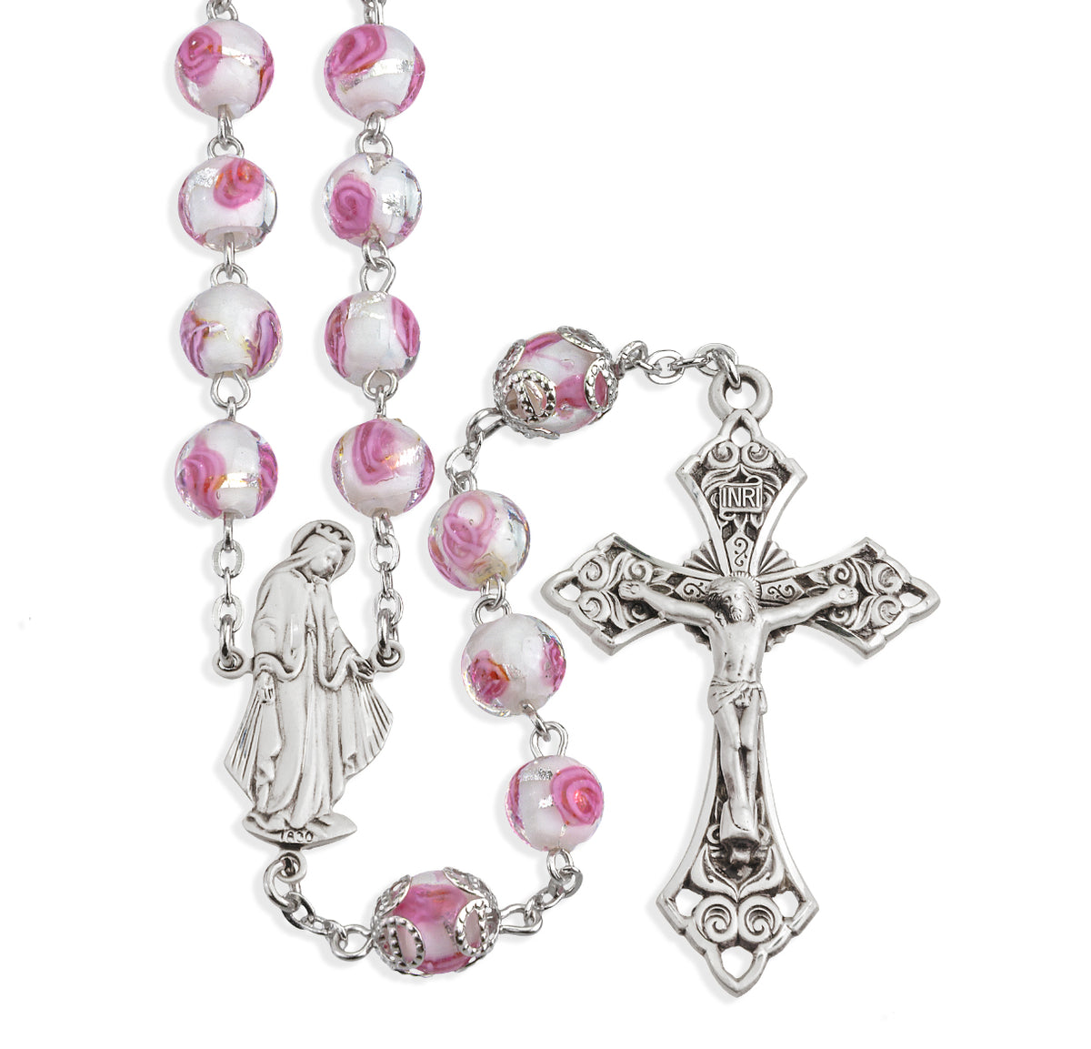 8mm Pink Rose Embedded Glass Bead Rosary with Double Capped Our Father Beads, Sterling Silver Crucifix and Center