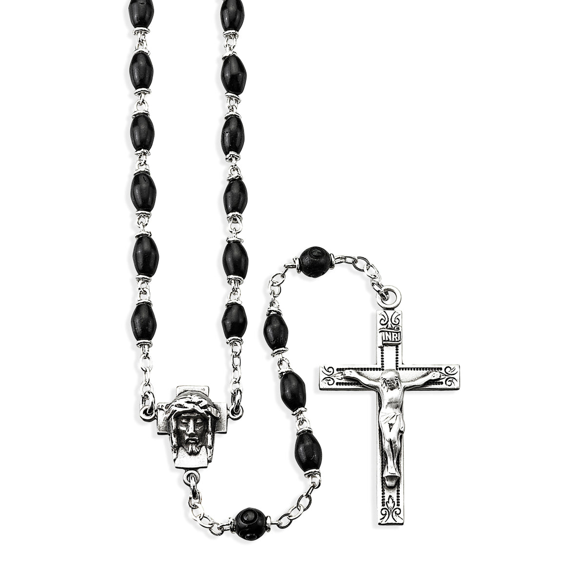 Black Oval Cocoa Bead Rosary, Sterling Silver Crucifix and Center
