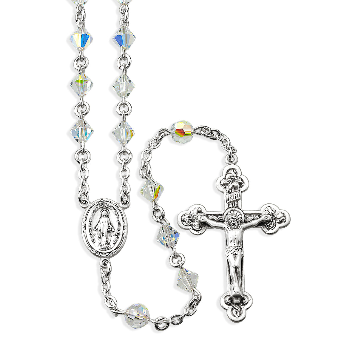 6mm Aurora Borealis Swarovski Crystal Bi-Cone Bead Rosary, Sterling Silver Crucifix and Center