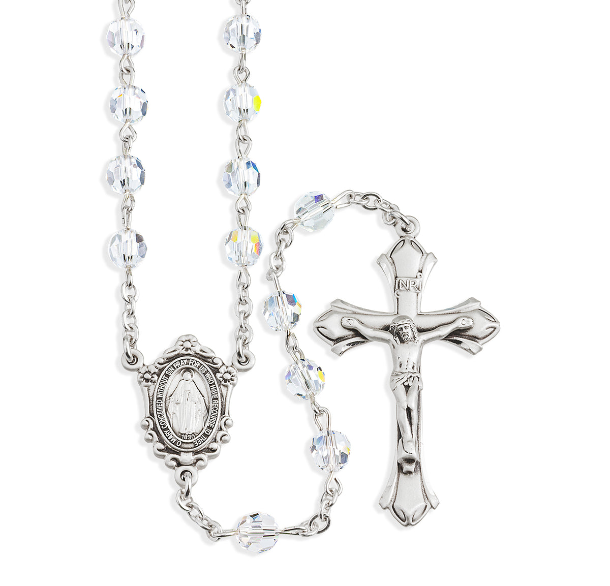6mm Clear Swarovski Crystal Rosary, Sterling Silver Crucifix and Center