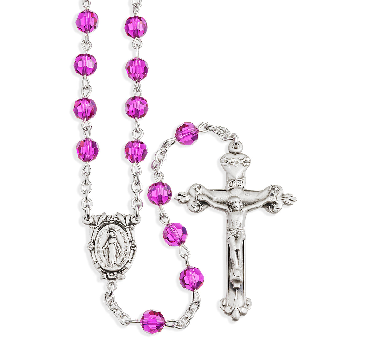 6mm Fuchsia Swarovski Crystal Rosary, Sterling Silver Crucifix and Center
