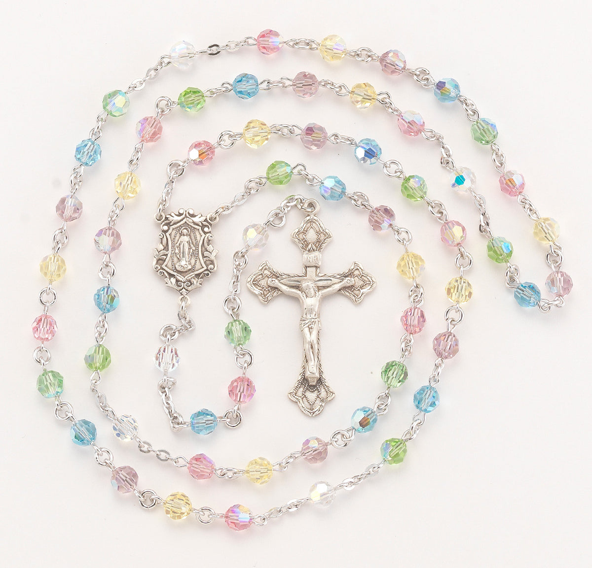 6mm Multi-Color Swarovski Crystal Rosary, Sterling Silver Crucifix and Center