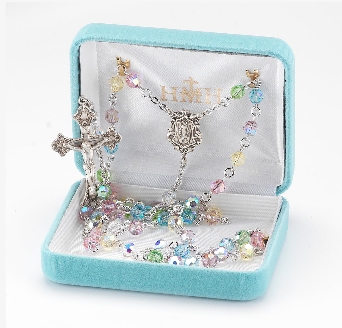 6mm Multi-Color Swarovski Crystal Rosary, Sterling Silver Crucifix and Center