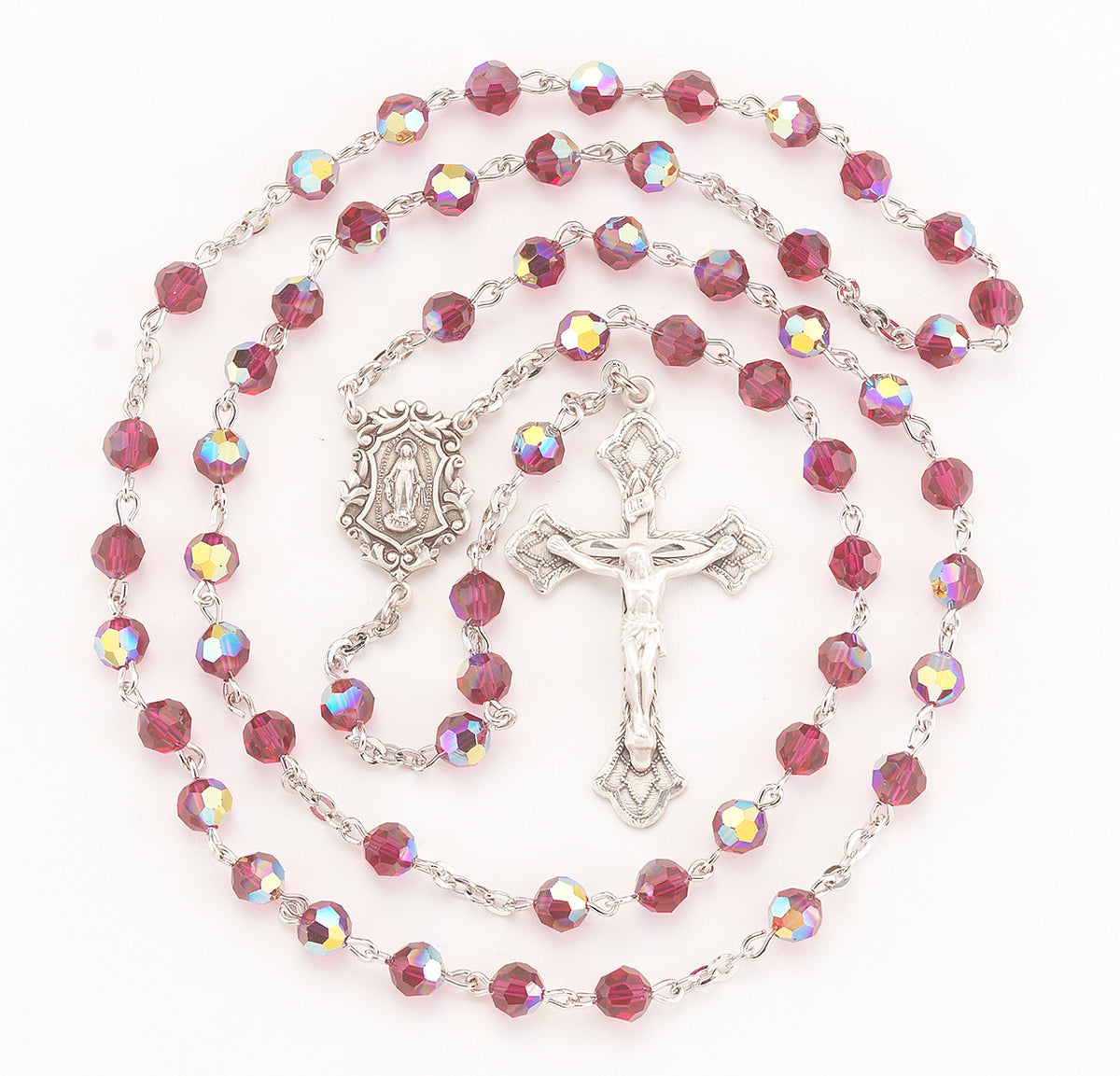 6mm Ruby Swarovski Crystal Rosary, Sterling Silver Crucifix and Center
