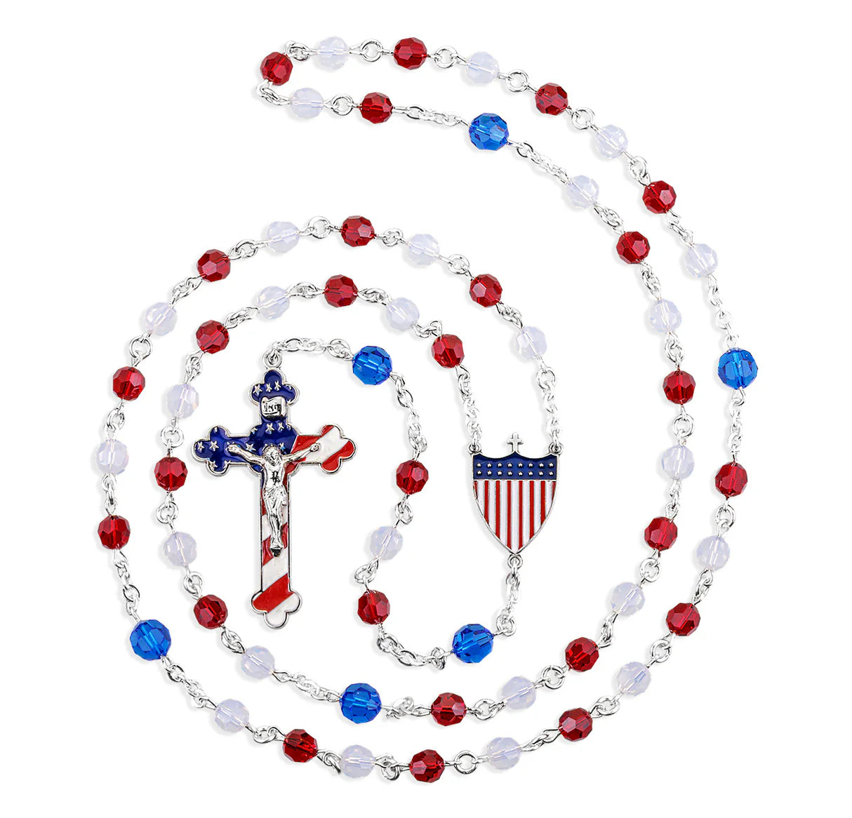 USA Patriotic Rosary | Sterling Silver & Austrian Crystal | Handmade in USA