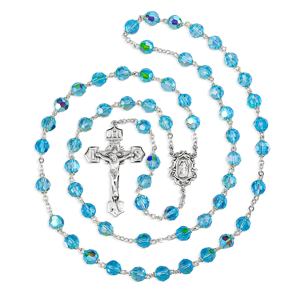 7mm Aqua Crystal Czech Aurora Bead Rosary, Sterling Silver Crucifix and Center