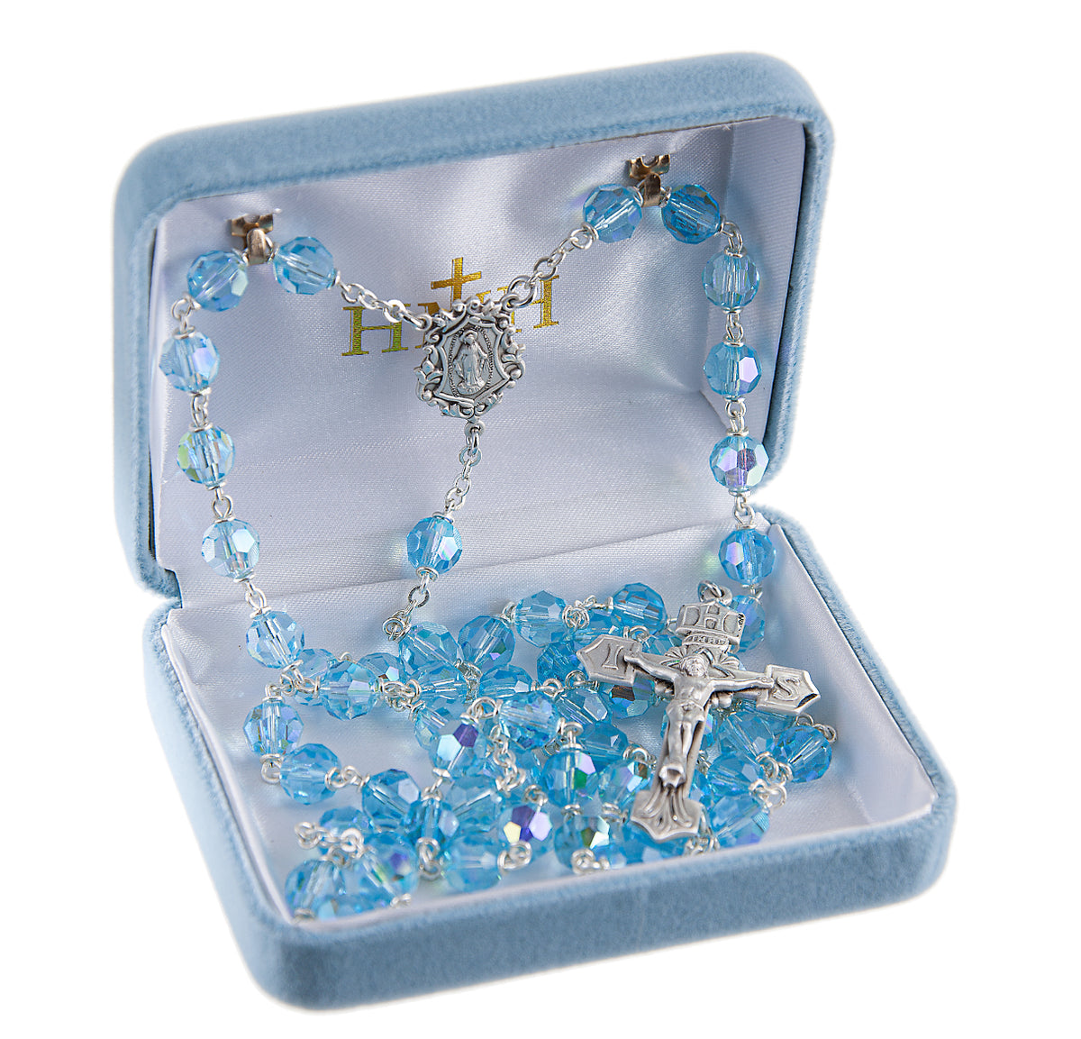 7mm Aqua Crystal Czech Aurora Bead Rosary, Sterling Silver Crucifix and Center