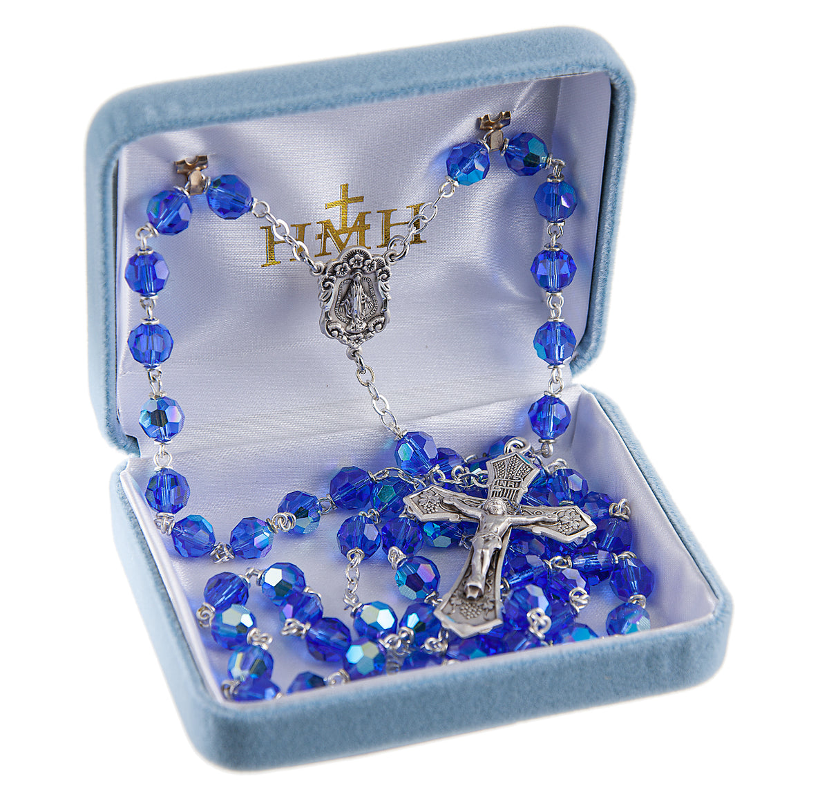 7mm Bermuda Blue Crystal Czech Aurora Bead Rosary, Sterling Silver Crucifix and Center