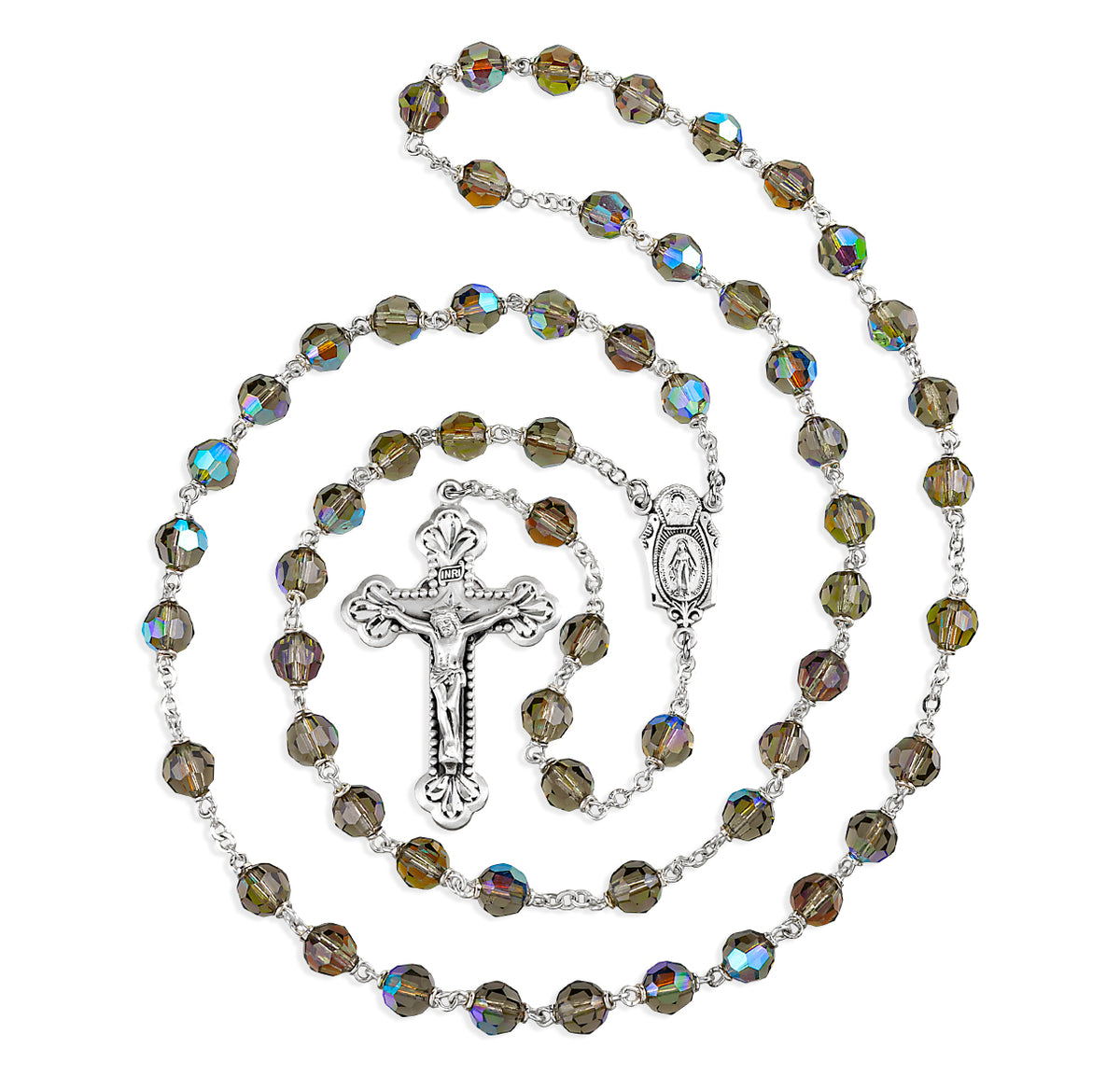 7mm Bermuda Diamond Crystal Czech Aurora Bead Rosary, Sterling Silver Crucifix and Center