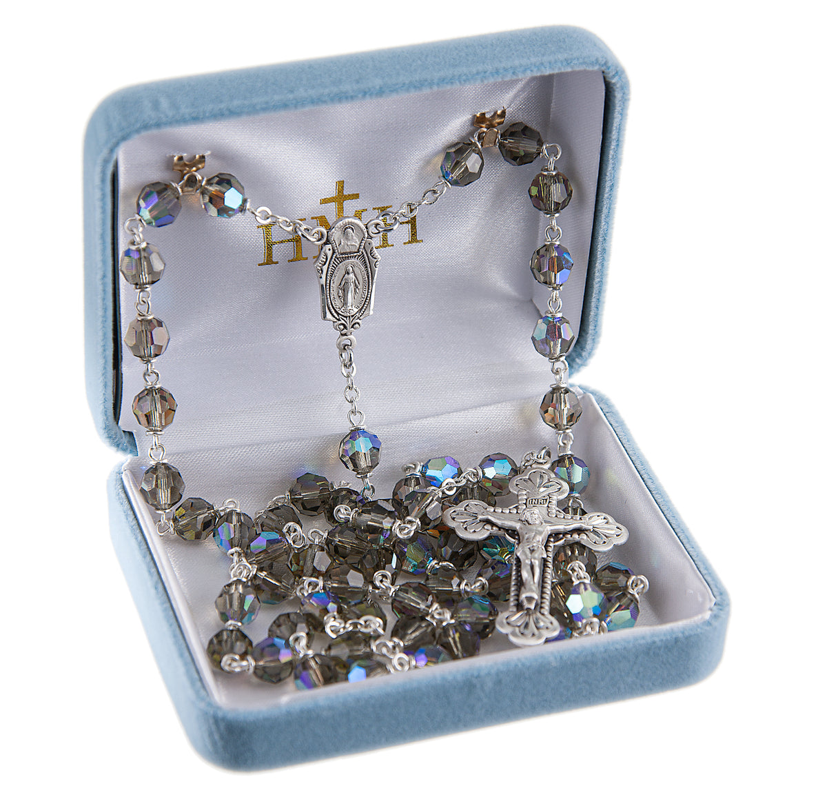 7mm Bermuda Diamond Crystal Czech Aurora Bead Rosary, Sterling Silver Crucifix and Center
