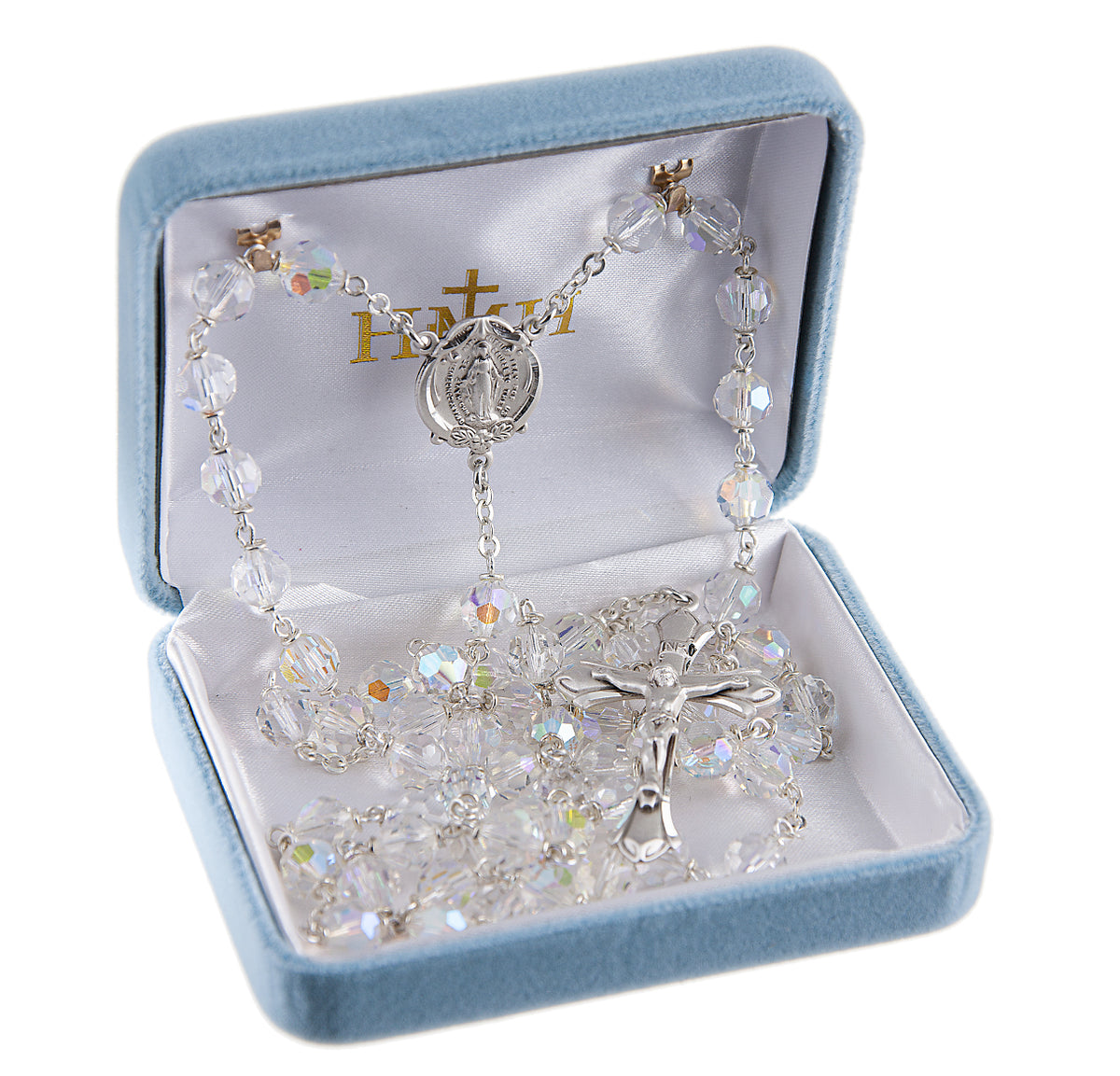 7mm Crystal Czech Aurora Bead Rosary, Sterling Silver Crucifix and Center