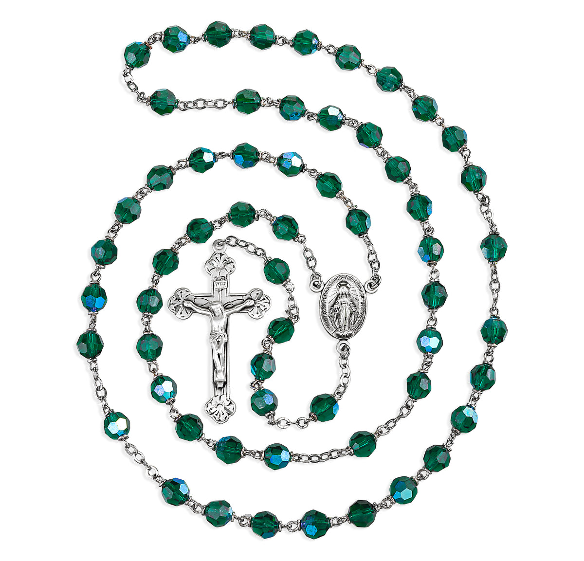 7mm Emerald Crystal Czech Aurora Bead Rosary, Sterling Silver Crucifix and Center