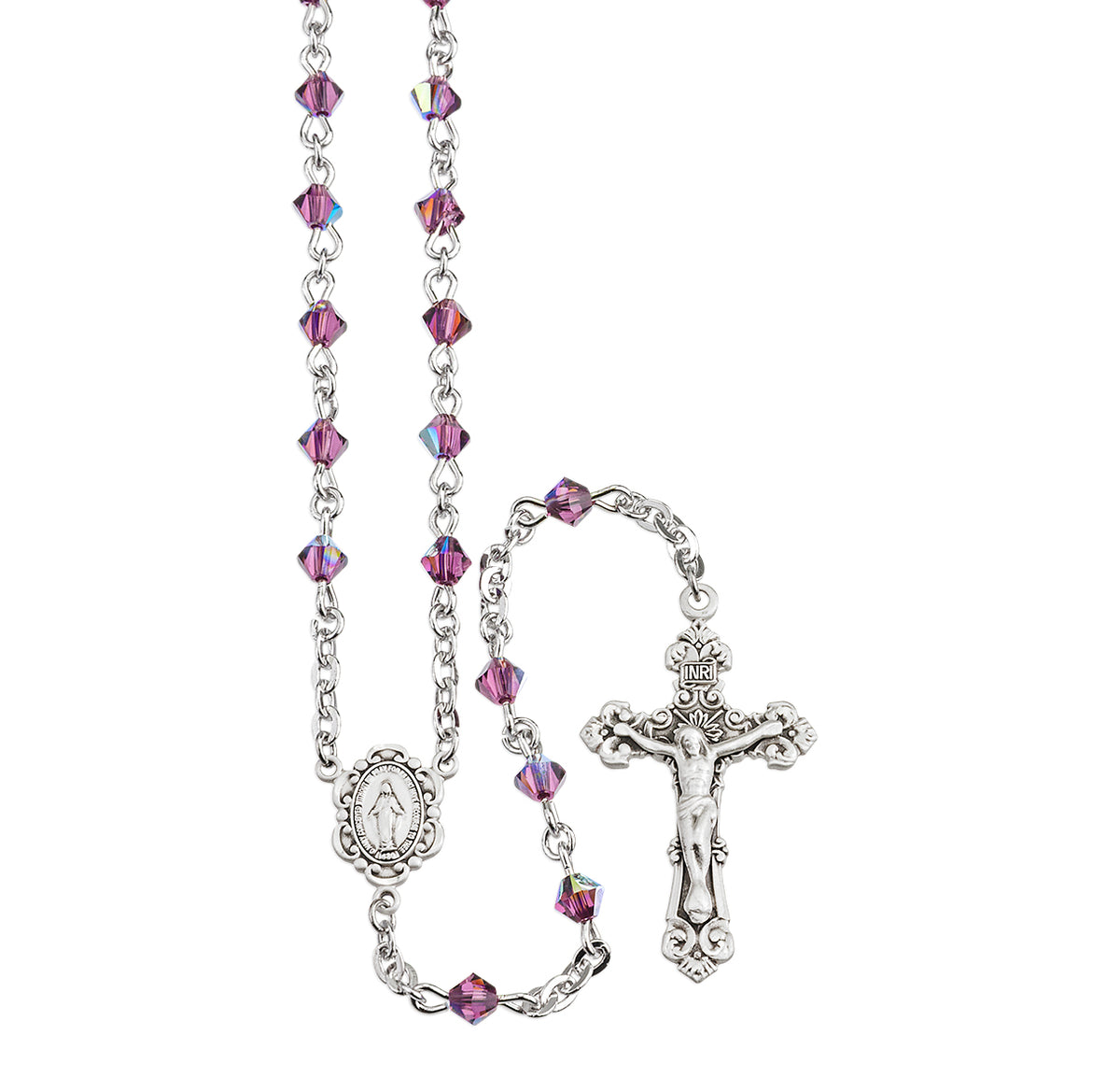 4mm Amethyst Swarovski Crystal Bi-Cone Bead Rosary, Sterling Silver Crucifix and Center