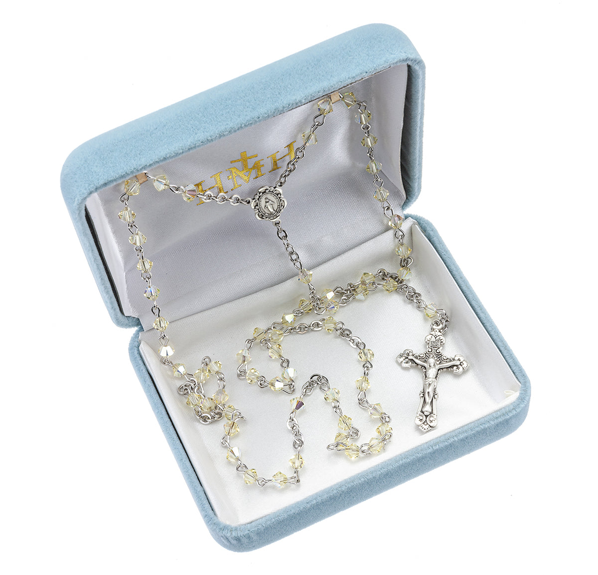 4mm Jonquil Swarovski Crystal Bi-Cone Bead Rosary, Sterling Silver Crucifix and Center
