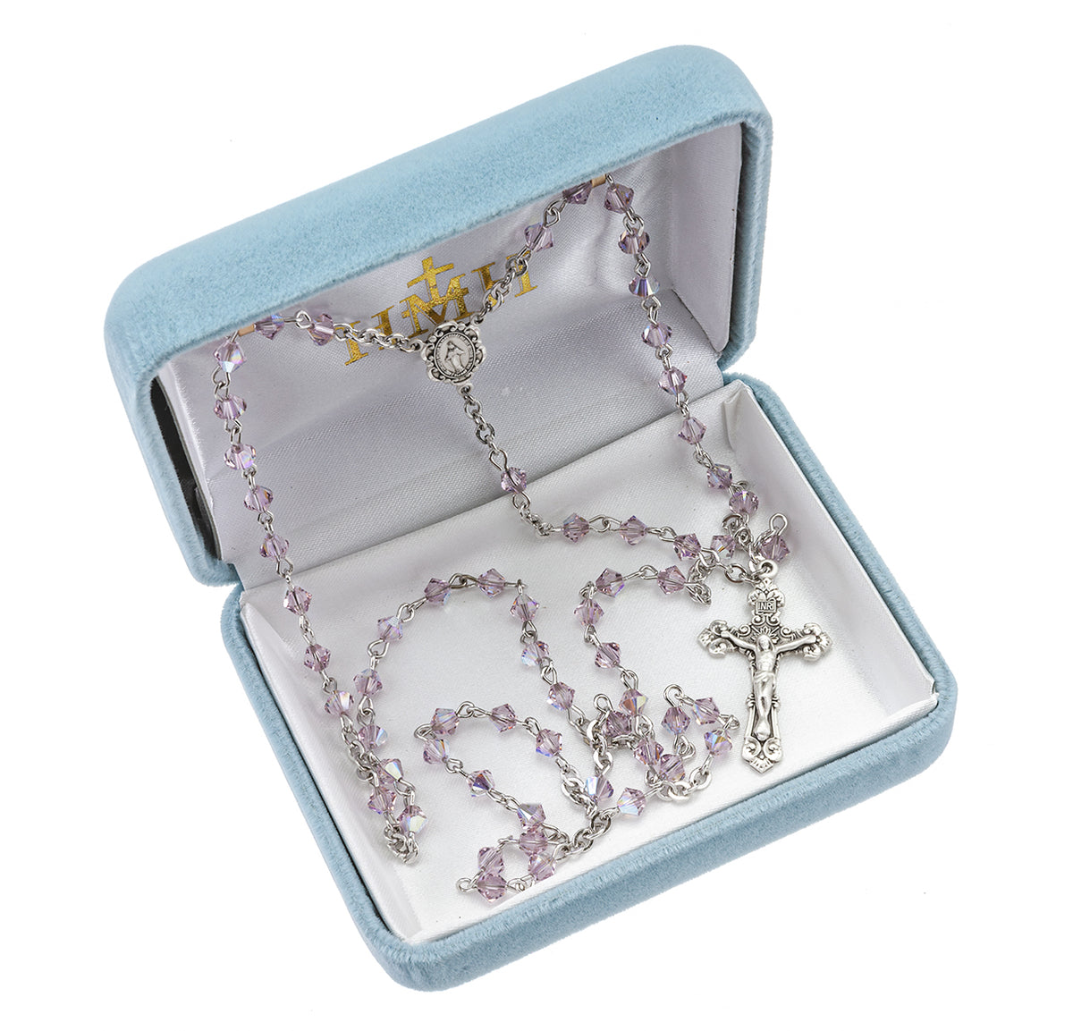 4mm Light Amethyst Swarovski Crystal Bi-Cone Bead Rosary, Sterling Silver Crucifix and Center