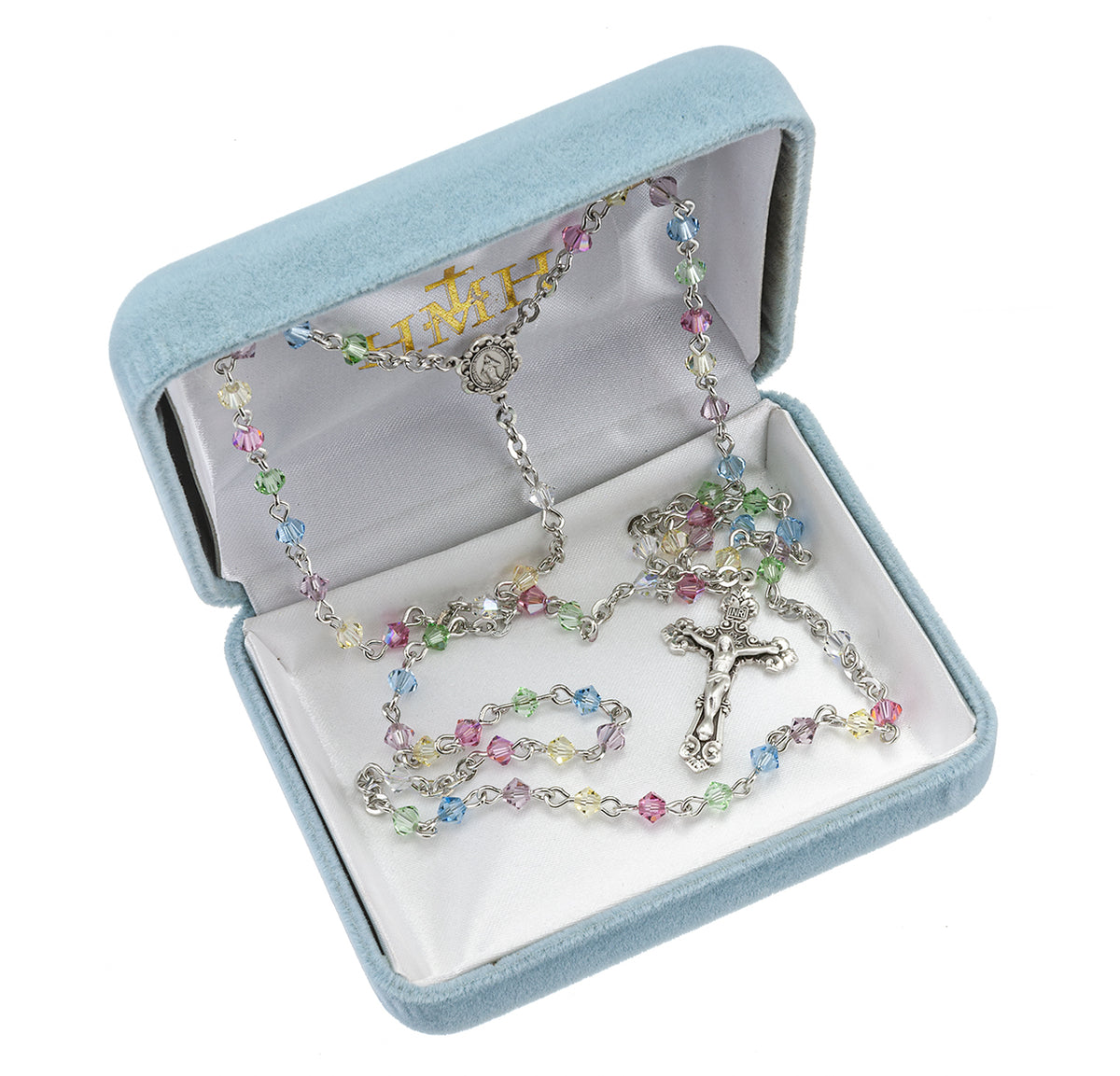4mm Multi-Color Swarovski Crystal Bi-Cone Bead Rosary, Sterling Silver Crucifix and Center