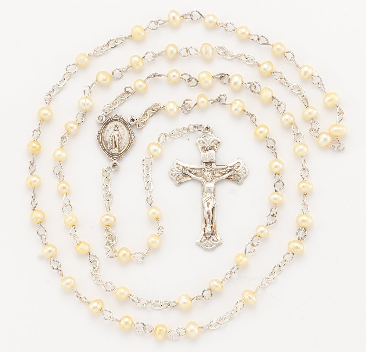 Gold Freshwater Pearl Rosary, Sterling Silver Crucifix and Center
