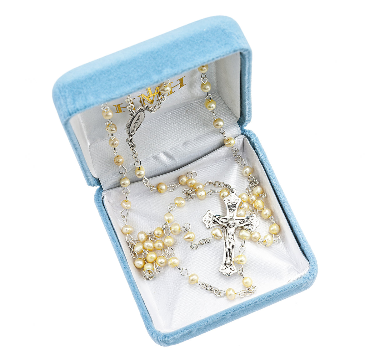 Gold Freshwater Pearl Rosary, Sterling Silver Crucifix and Center