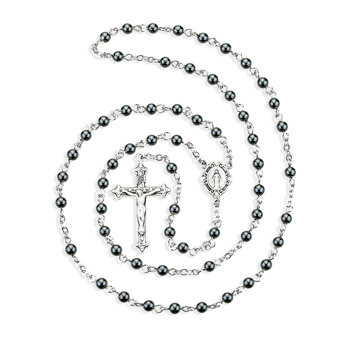 Genuine Hematite Rosary, Sterling Silver Crucifix and Center