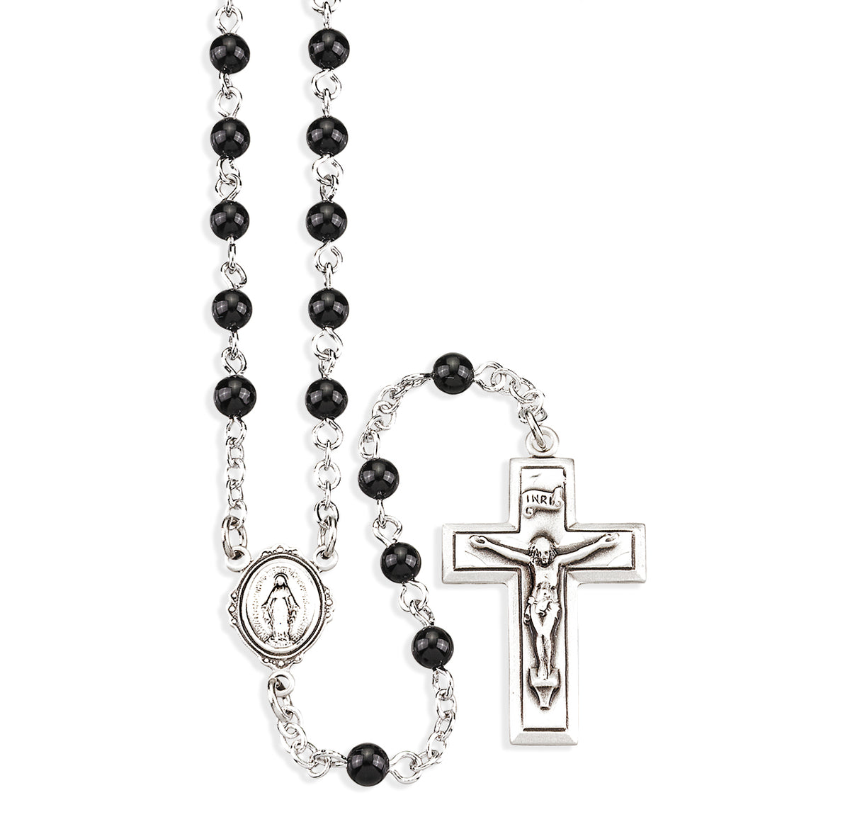 Genuine Onyx Rosary, Sterling Silver Crucifix and Center