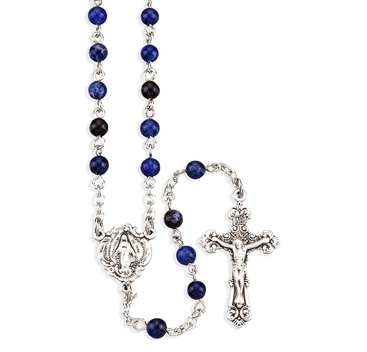 Genuine Sodalite Stone Rosary, Sterling Silver Crucifix and Center