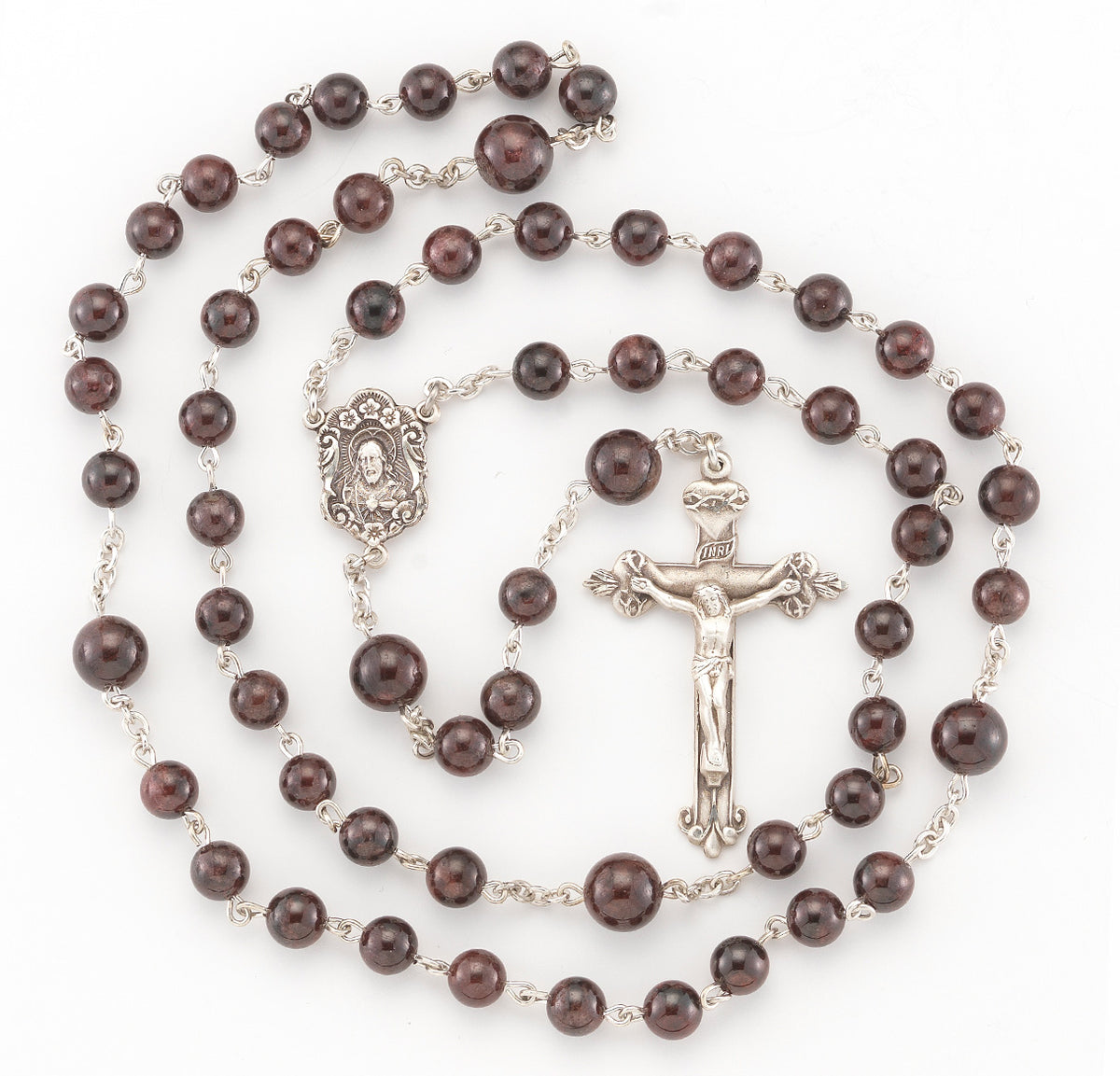 Garnet Bead Rosary, Sterling Silver Crucifix and Center
