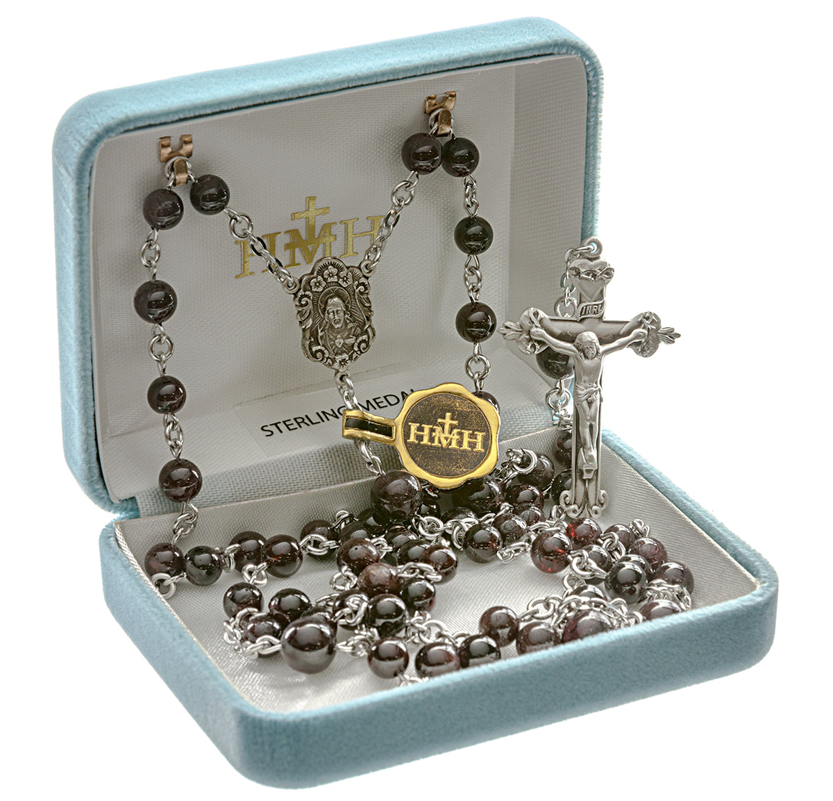 Garnet Bead Rosary, Sterling Silver Crucifix and Center