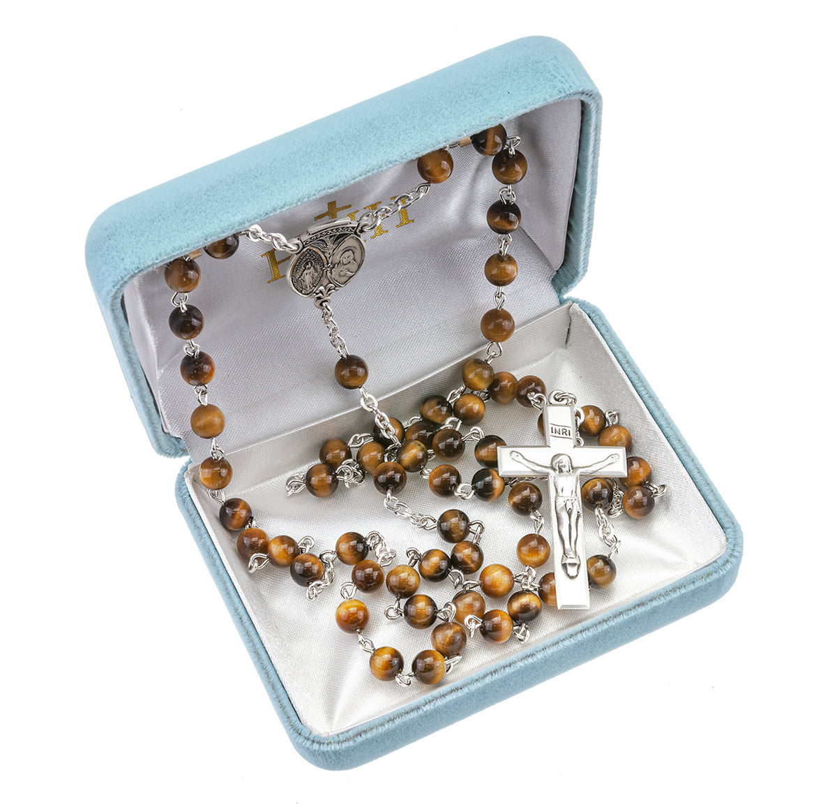 6mm Round Genuine Tiger Eye Bead Rosary, Sterling Silver Crucifix and Center