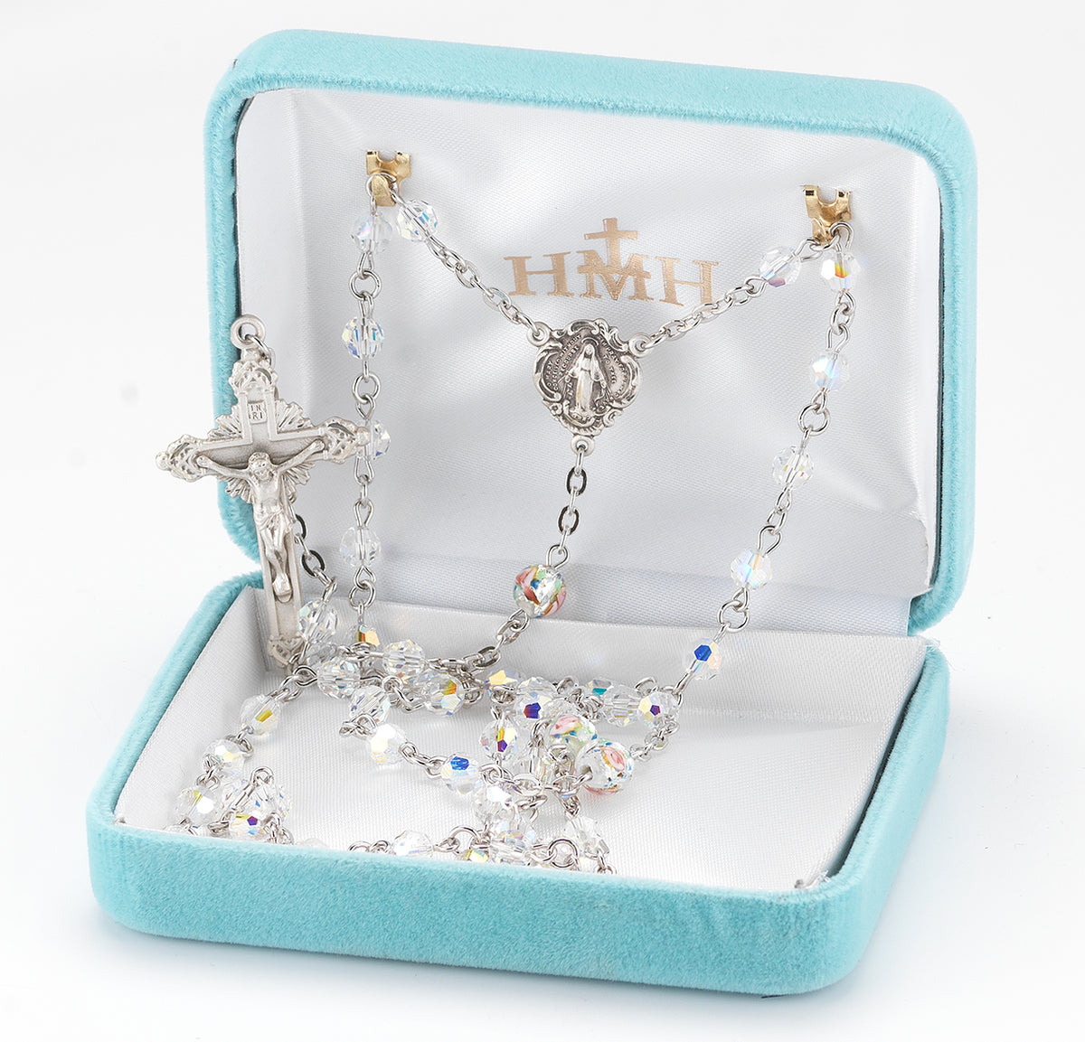 5mm Aurora Borealis Swarovski Crystal Rosary, Sterling Silver Crucifix and Center