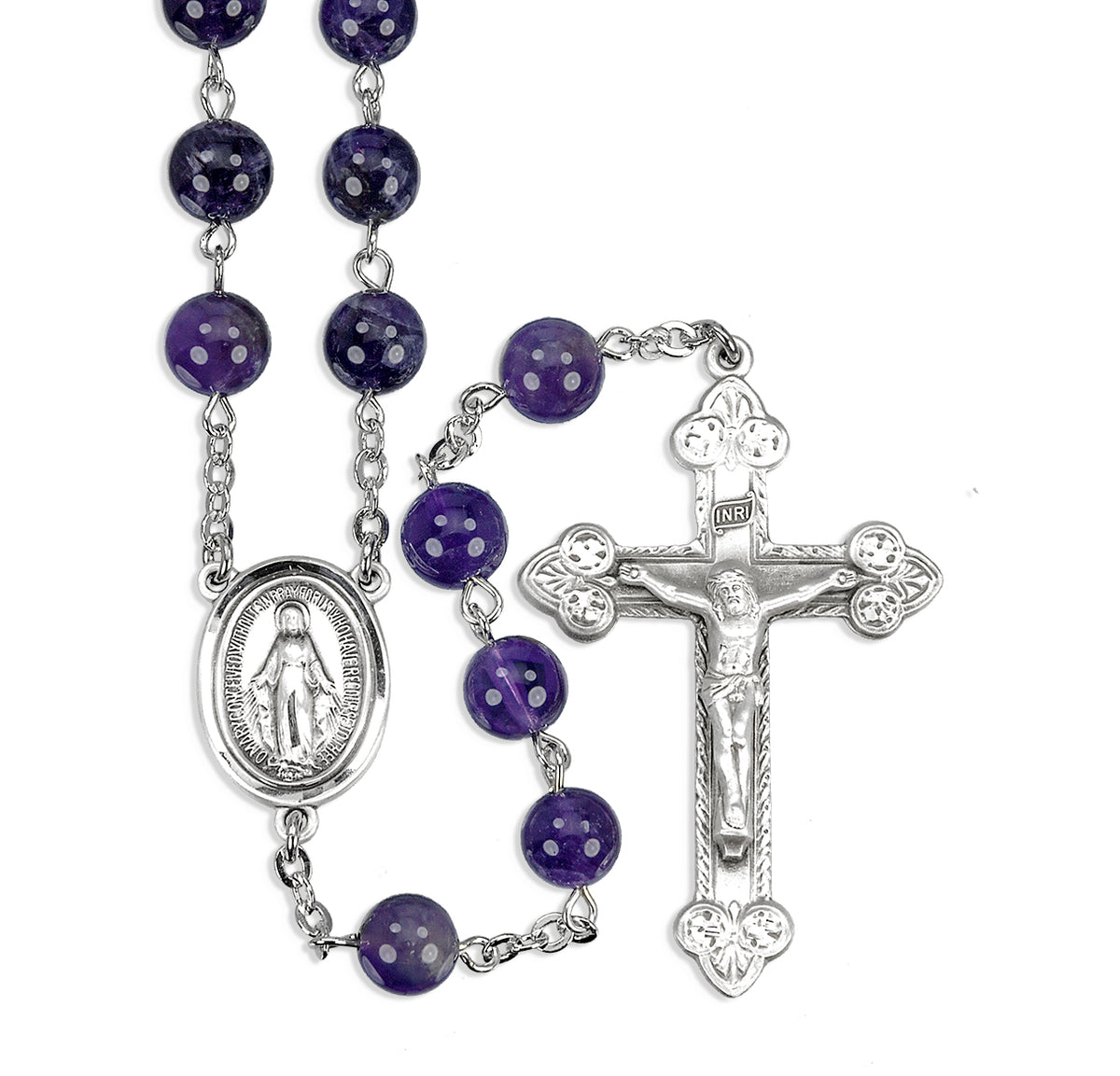 8mm Round Genuine Amethyst Bead Rosary, Sterling Silver Crucifix and Center