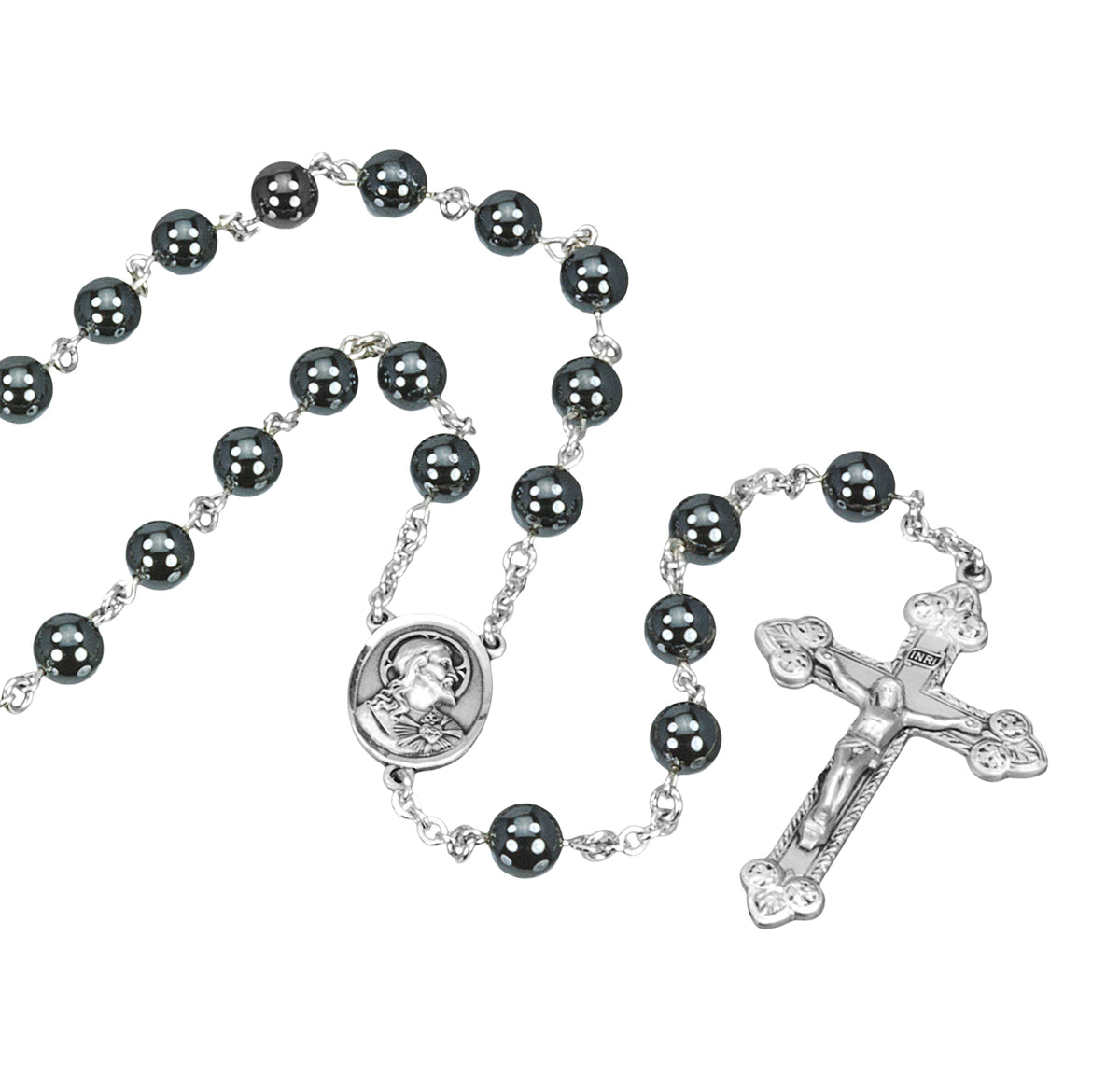 8mm Genuine Hematite Rosary, Sterling Silver Crucifix and Center