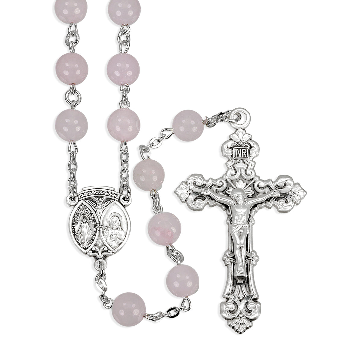 8mm Round Genuine Rose Quartz Bead Rosary, Sterling Silver Crucifix and Center