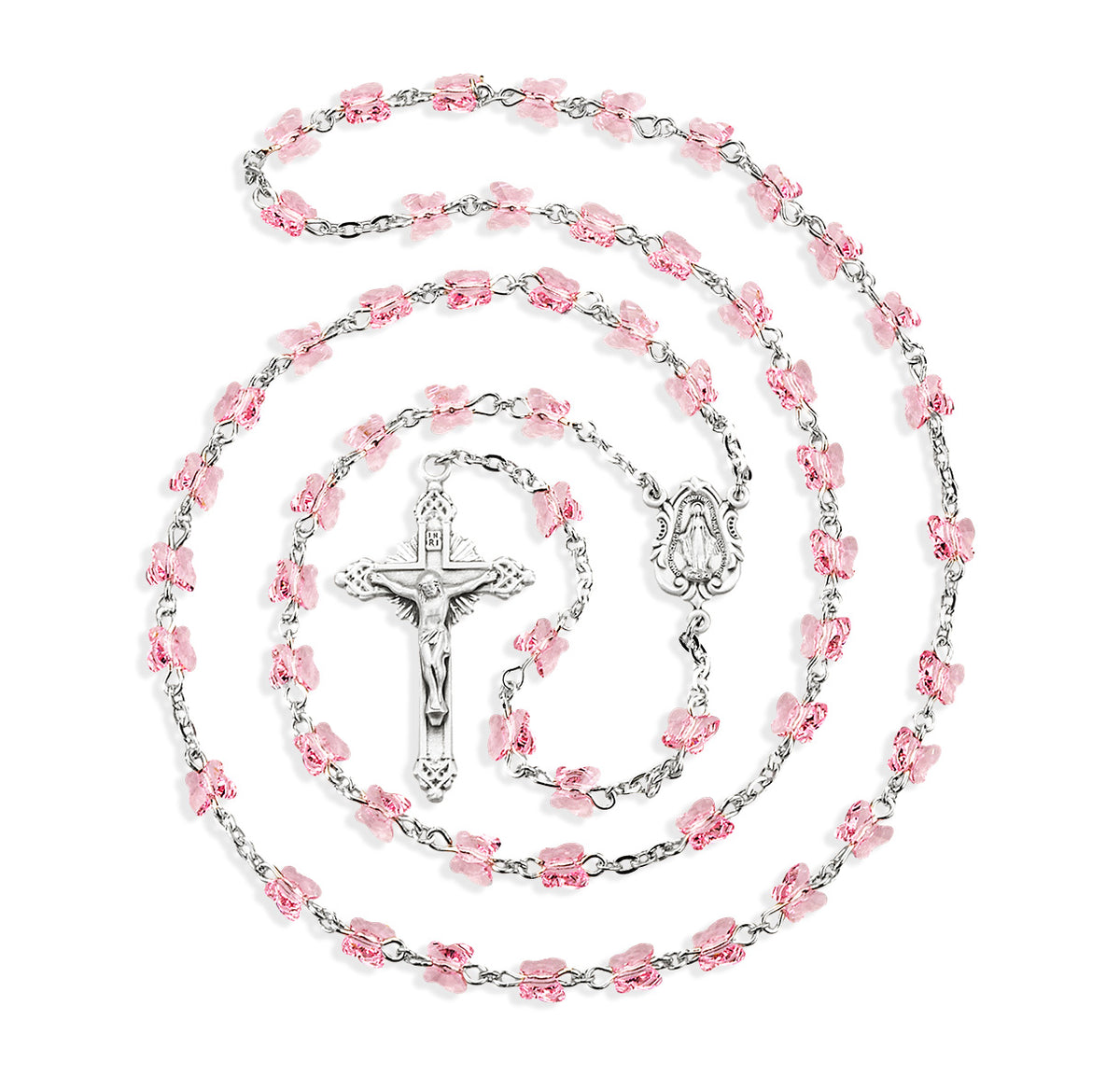 6mm Light Rose Swarovski Crystal Butterfly Bead Rosary, Sterling Silver Crucifix and Center