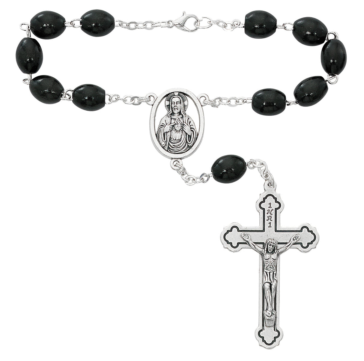 Sacred Heart Black Wood Auto Rosary