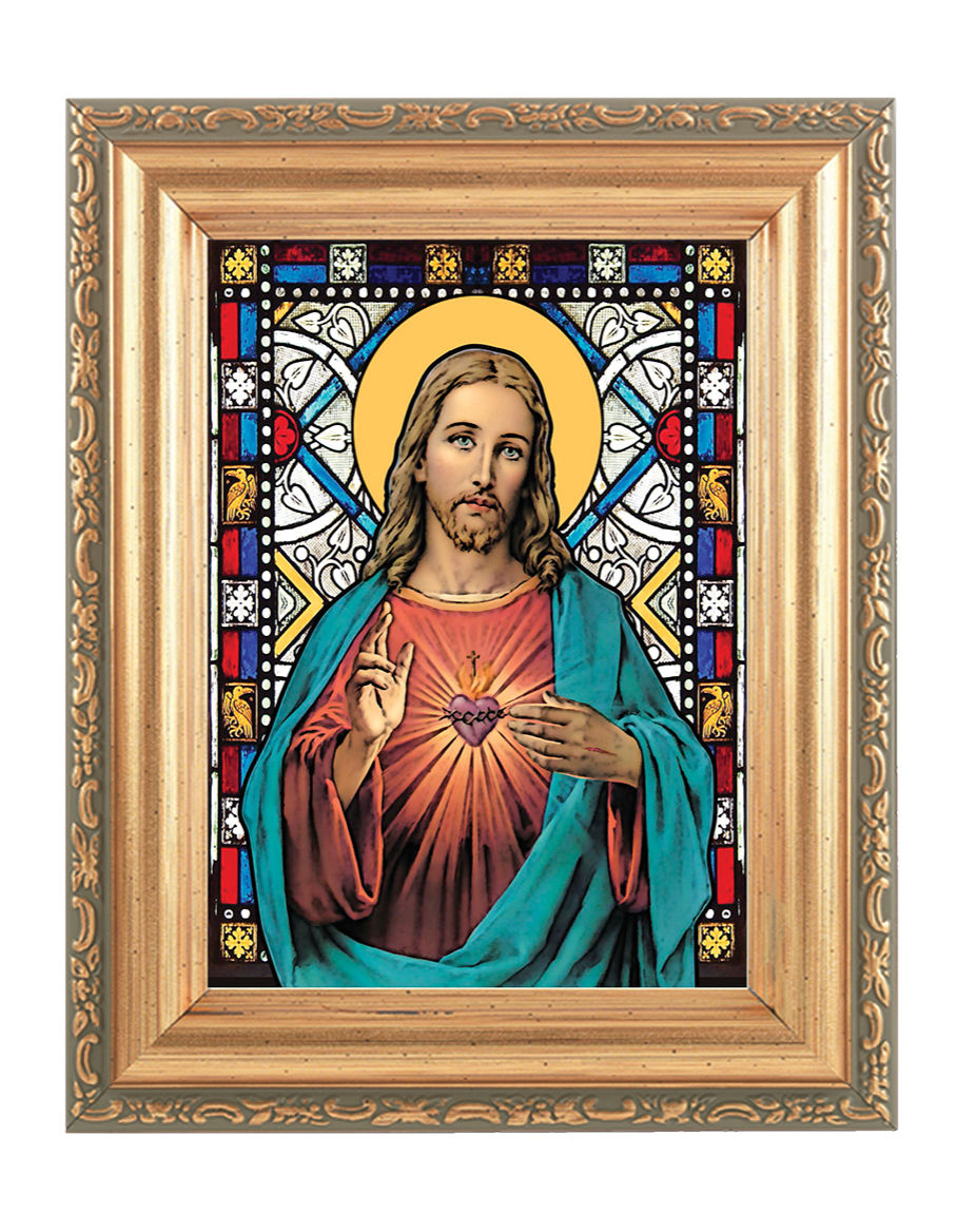 Sacred Heart of Jesus Gold Frame Stained Glass Effect