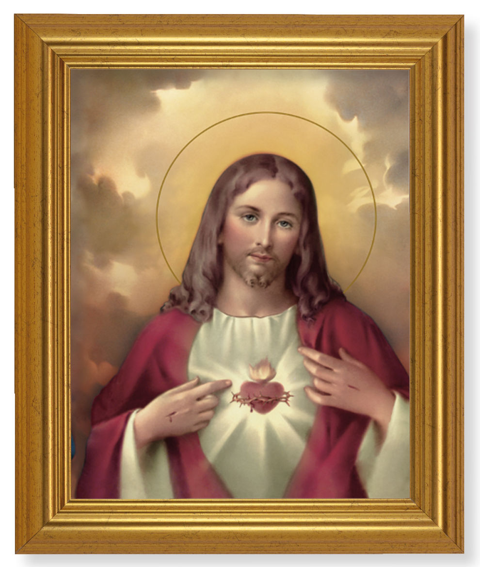 Sacred Heart of Jesus Red and Gold Hues 8x10 Framed Print Under Glass