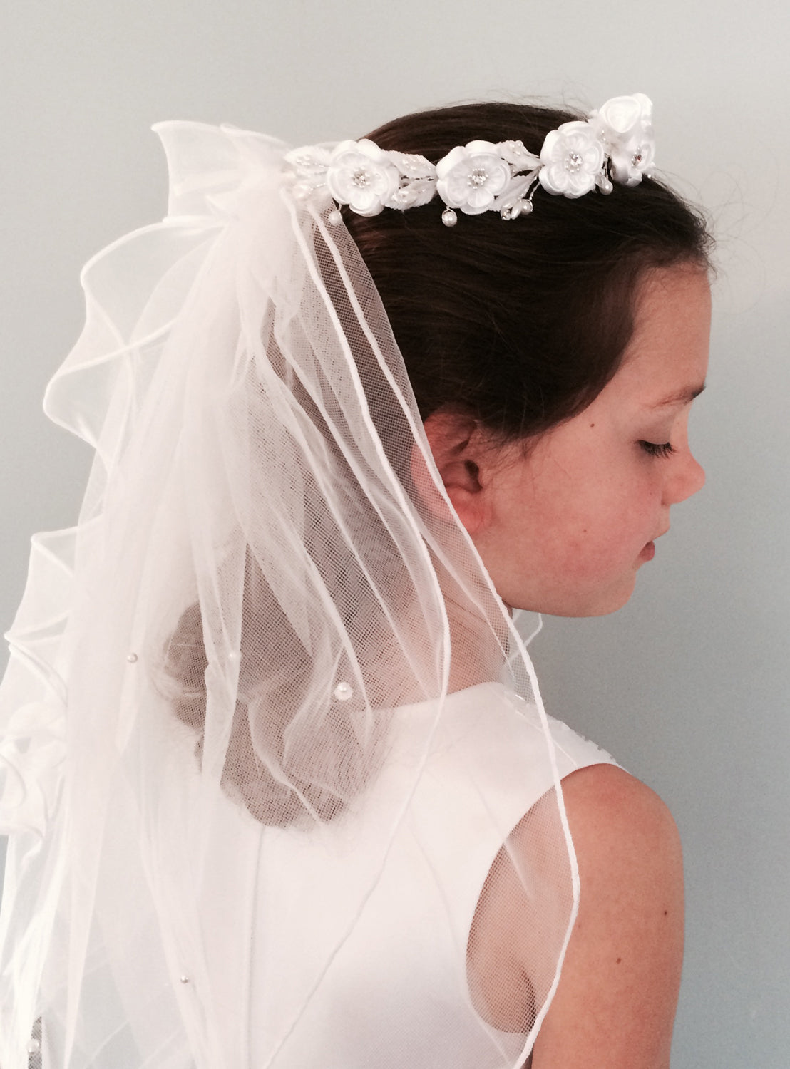 Satin Flower Rosette Wreath Veil First Communion