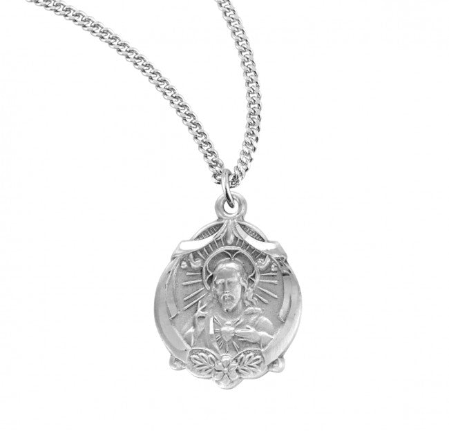 Floral Tip Scapular Medal Sterling Silver Necklace
