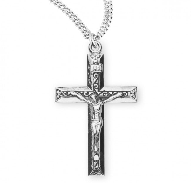 Scroll Textured Sterling Silver Crucifix Necklace