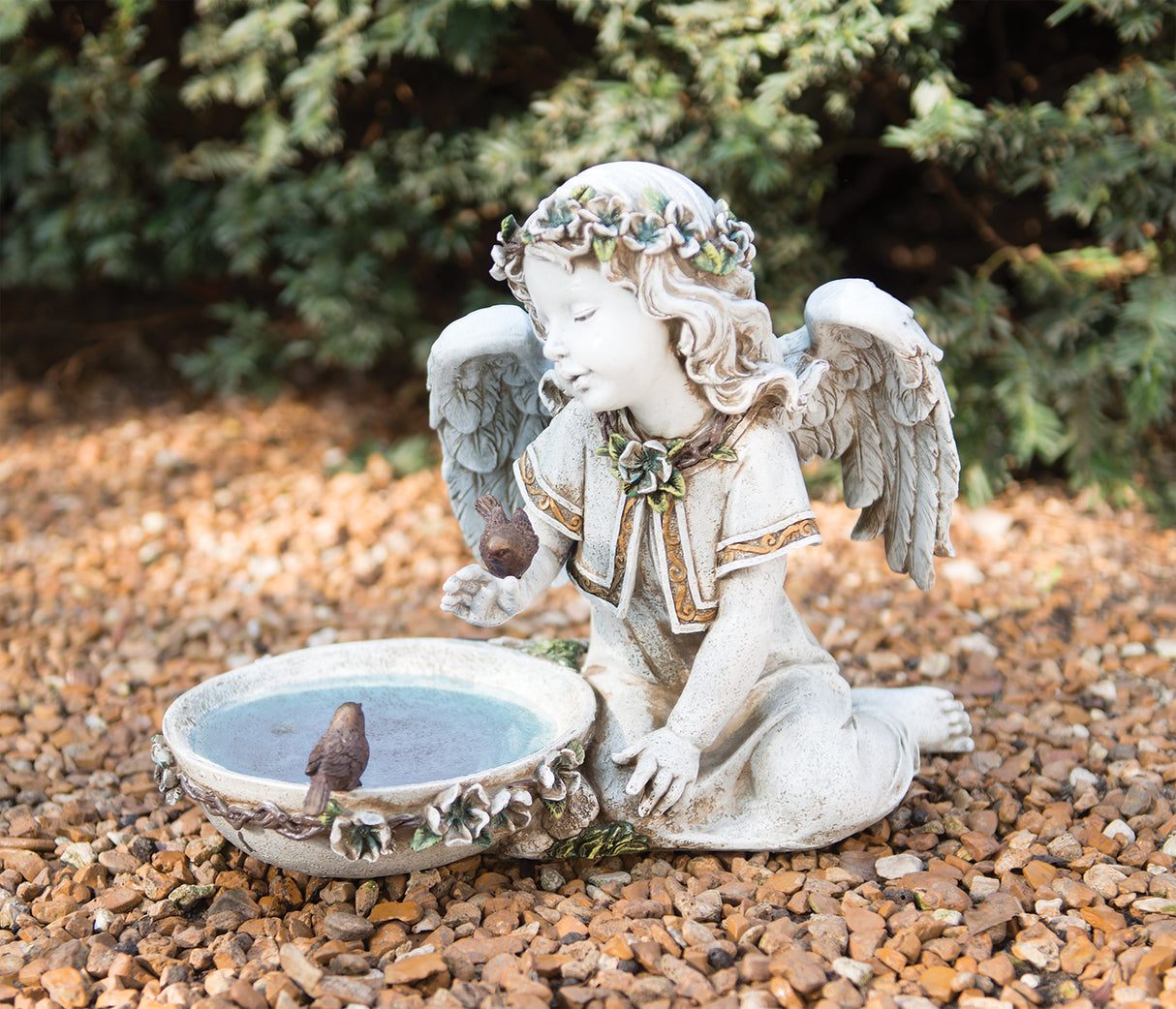 Seated Garden Angel with Solar Light Bird Bath Statue 10"