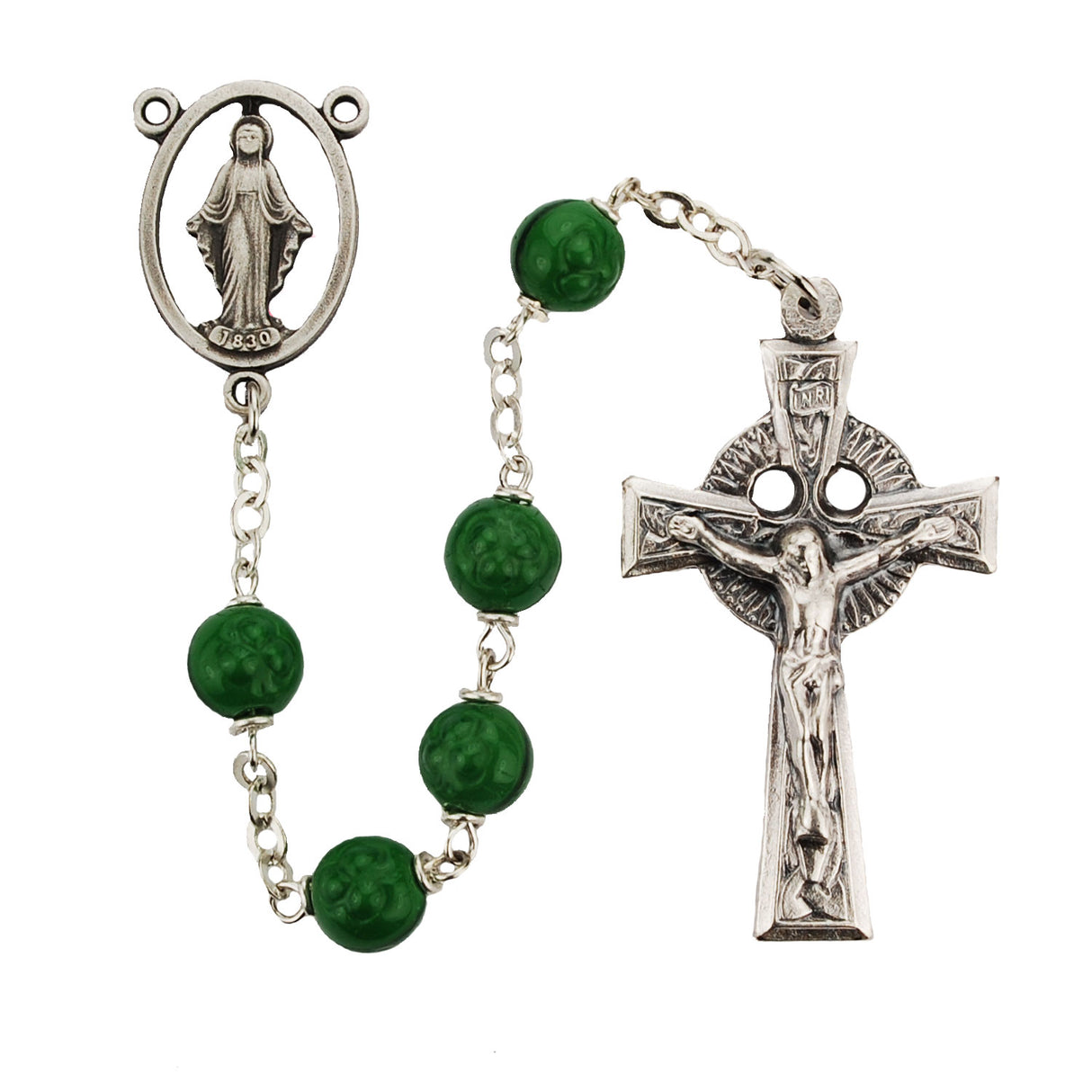 Shamrock Glass Rosary Pewter