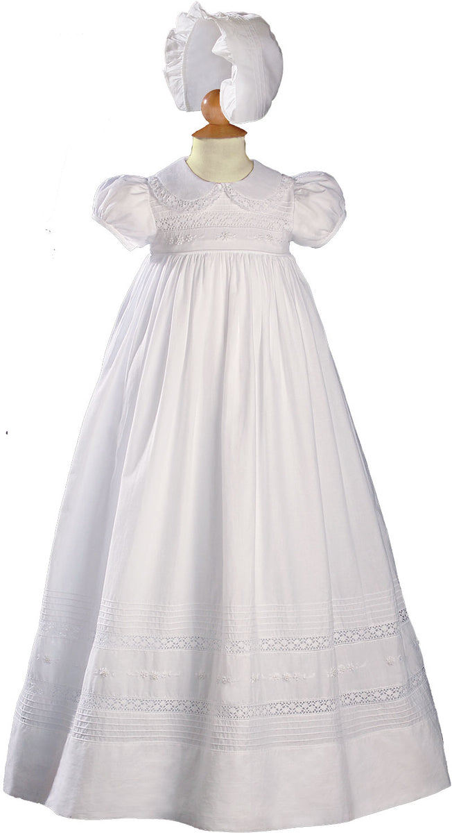 Short Sleeve Cotton and Cluny Lace Baptism Gown White / 12 Months
