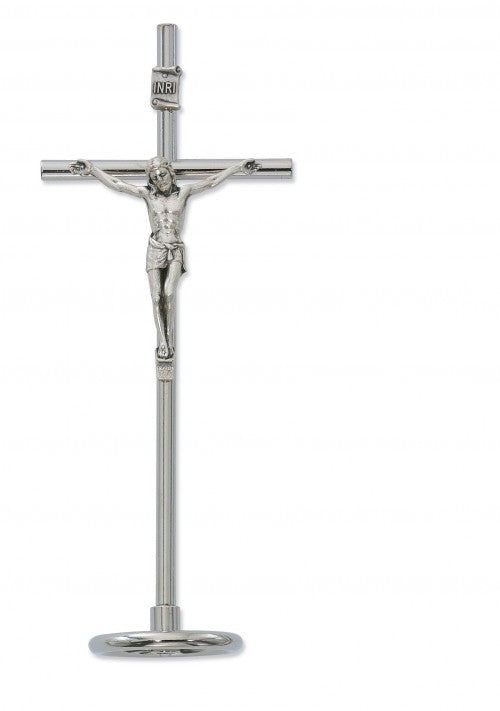 Silver Standing Papal Crucifix with Metal Base - 6 1/2'H