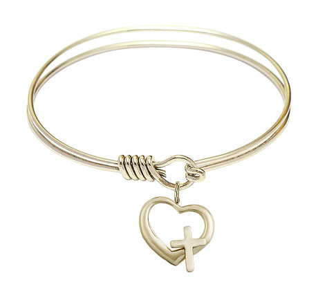 Smooth Bangle Bracelet with a Heart and Cross Charm