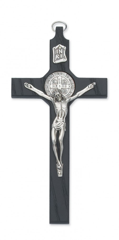 St. Benedict 8 inch Silver Tone Black Stained Wood Wall Cross